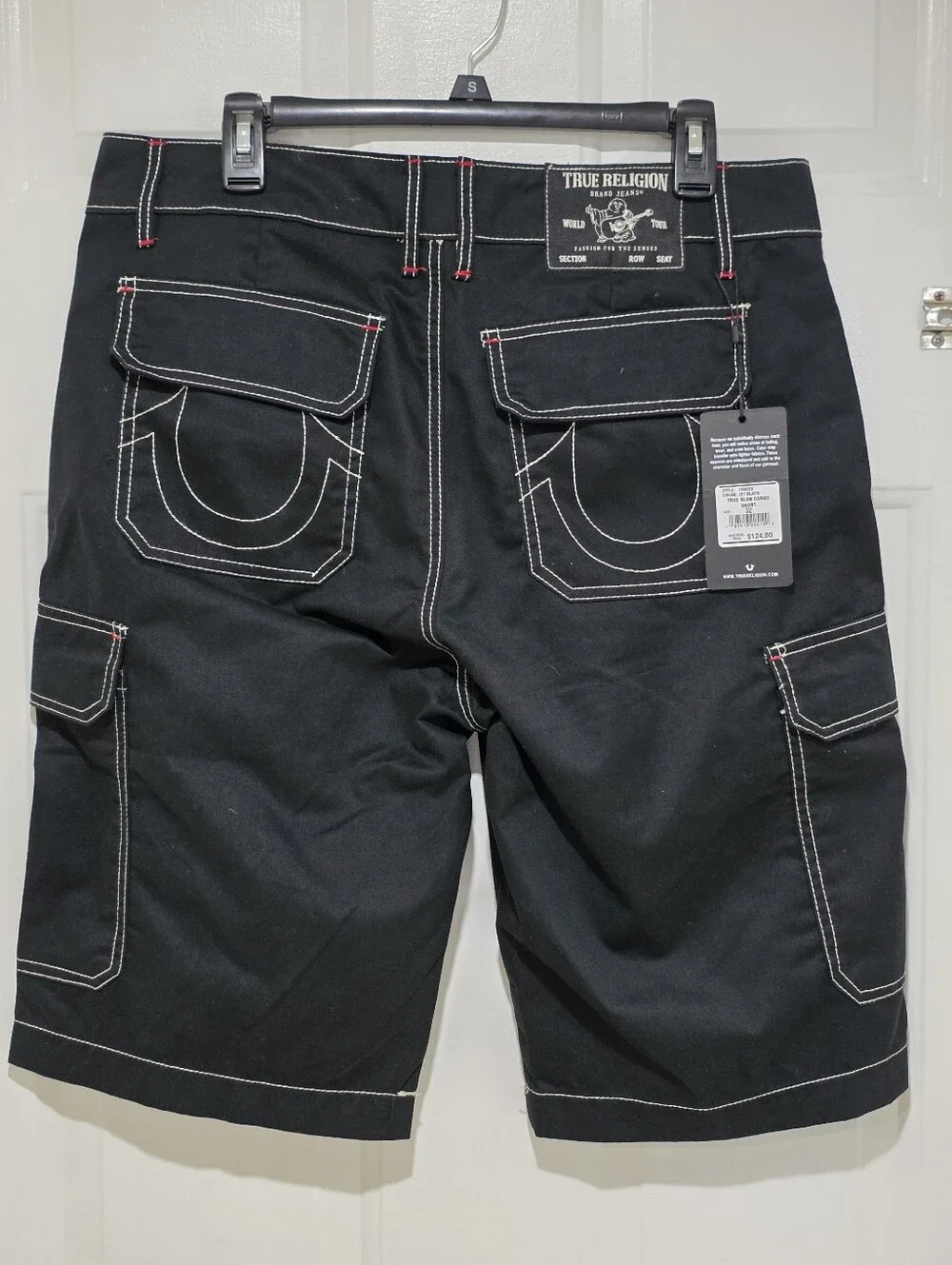 True Religion Black Cargo Shorts with White & Red Contrast Stitching